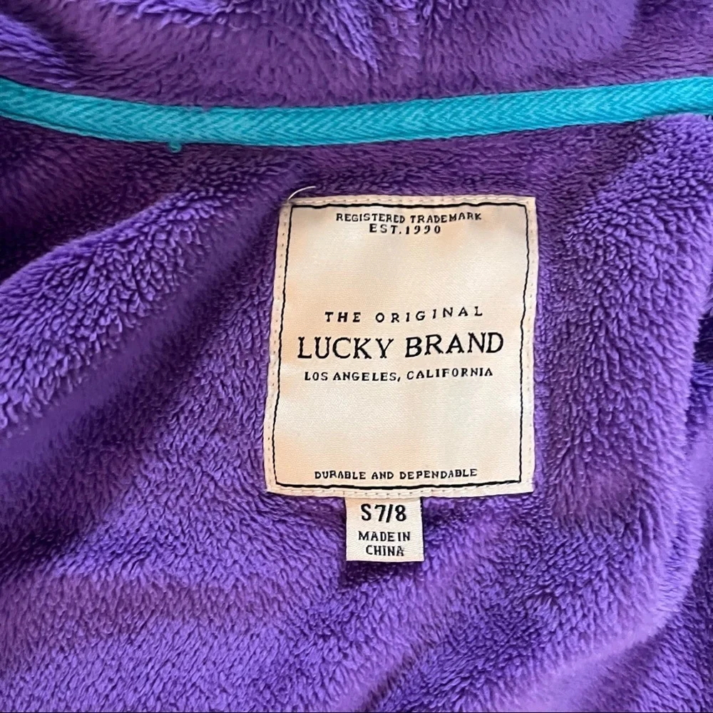 Lucky brand girls faux fur jacket Sz small 7/8 blue purple white pockets